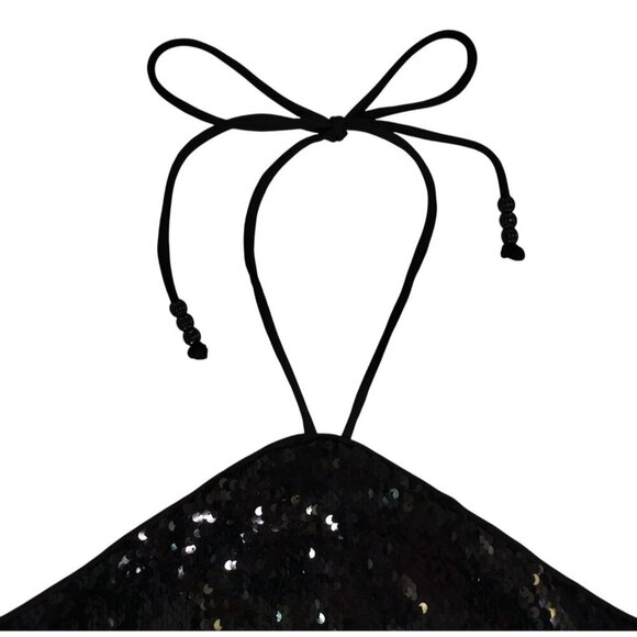 Black Sequin Halter Crop Top With Smocked Back & Adjustable Tie Closure. - Picture 4 of 7